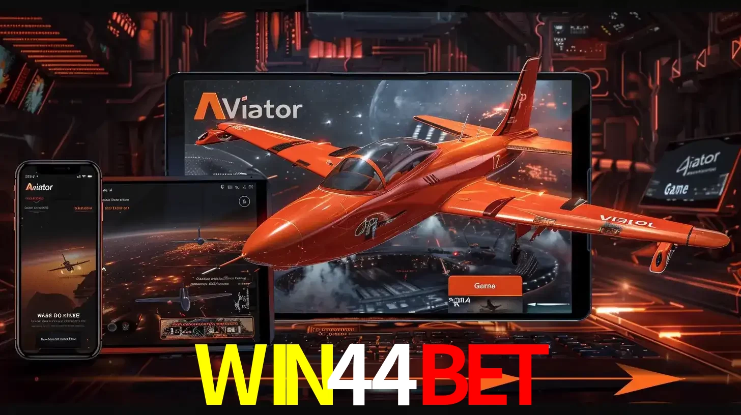 Apresentação tecnológica do jogo Aviator com um avião saindo da tela de um tablet, demonstrando a experiência imersiva em múltiplos dispositivos no WIN44BET.