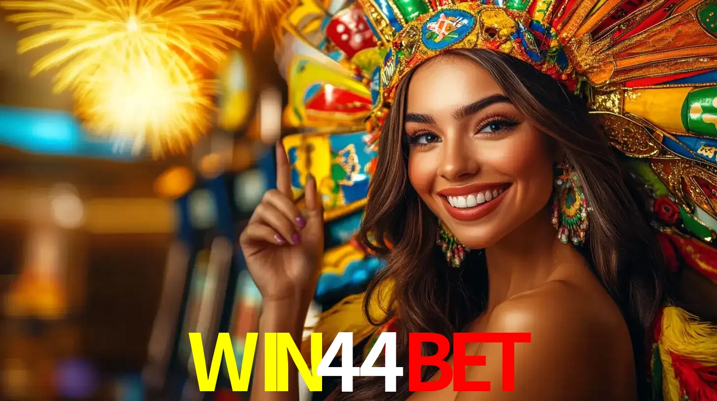 Mulher sorridente com um cocar de carnaval vibrante e colorido, celebrando uma grande vitória nos jogos do cassino WIN44BET com fogos de artifício ao fundo.