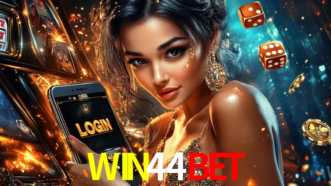 Mulher glamourosa segurando um celular com a tela de login do cassino WIN44BET, rodeada por dados e moedas douradas, pronta para começar a diversão.