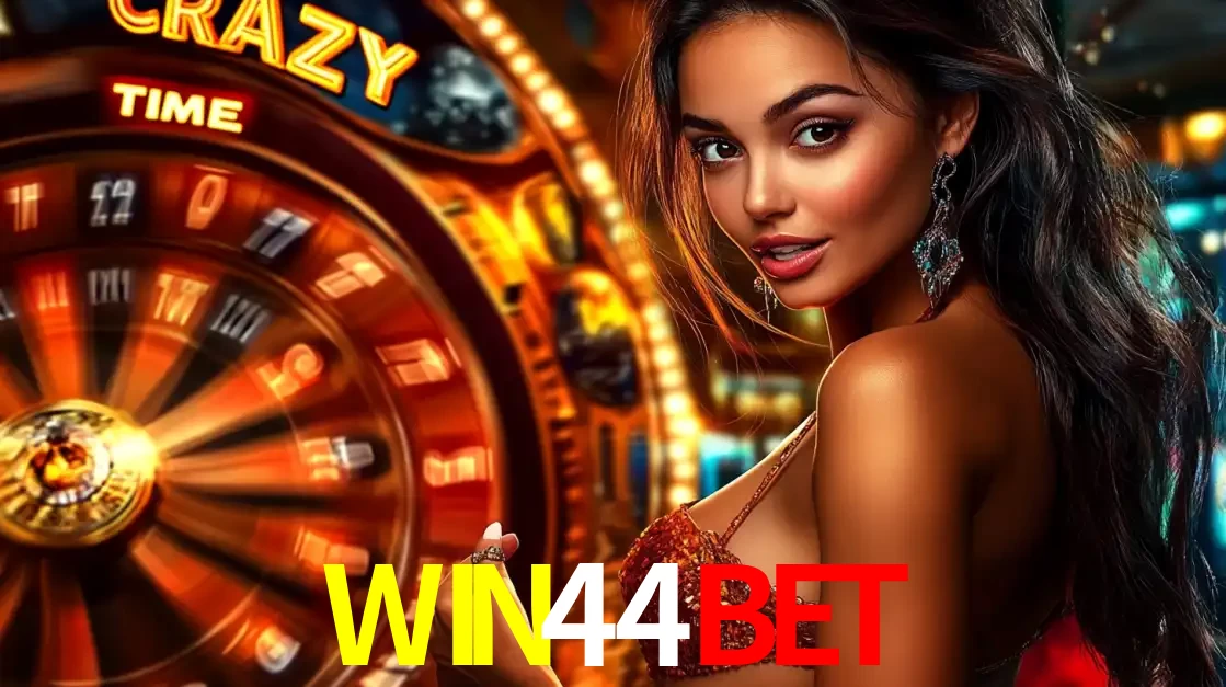 Mulher ao lado da roda de prêmios do jogo de cassino ao vivo Crazy Time, um dos shows de jogos mais emocionantes oferecidos pela plataforma de apostas WIN44BET.