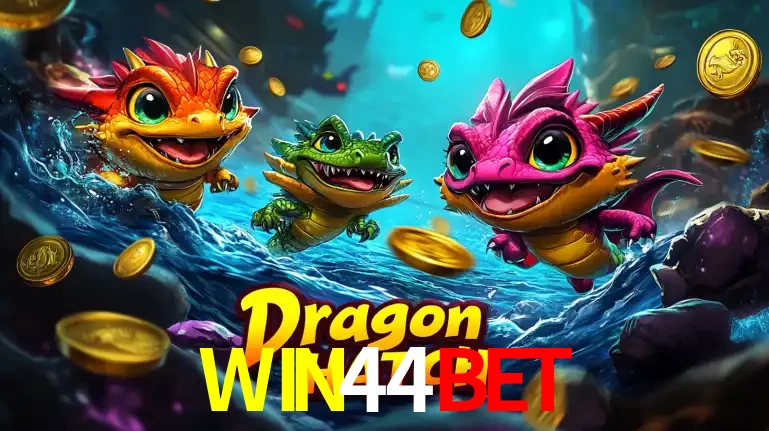 Arte promocional do jogo Dragon Hatch com três adoráveis dragões bebês nadando entre moedas de ouro, um dos slots mais divertidos para jogar no cassino WIN44BET.