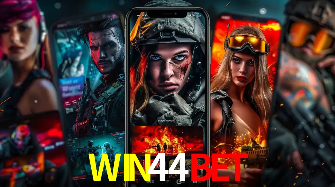 Montagem de telas de celular mostrando diversos personagens, masculinos e femininos, de um jogo de tiro, ilustrando a diversidade de equipes de e-sports para apostar no WIN44BET.
