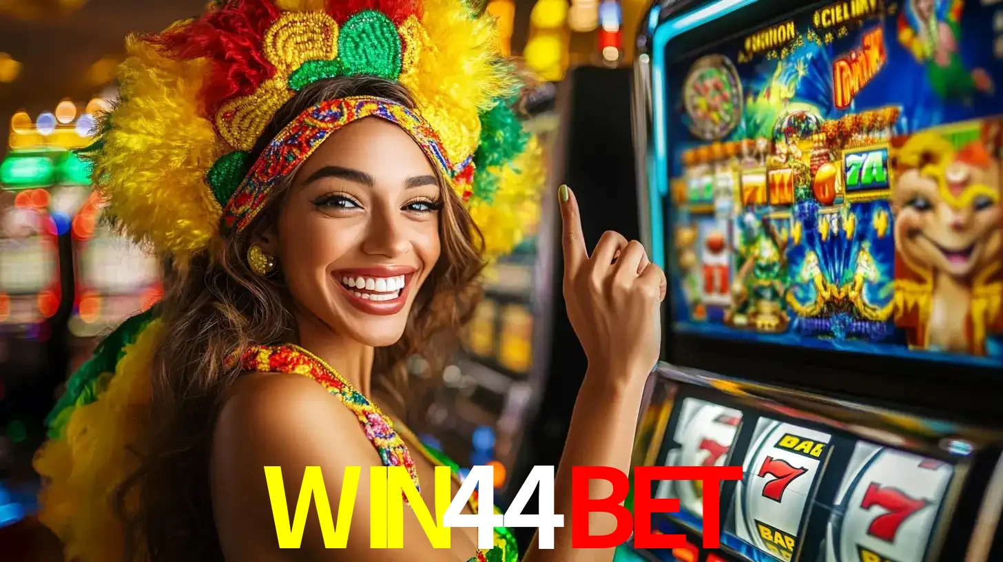 Mulher animada com um cocar de carnaval apontando para uma máquina de caça-níqueis, mostrando a emoção de ganhar um grande prêmio nos jogos do WIN44BET.