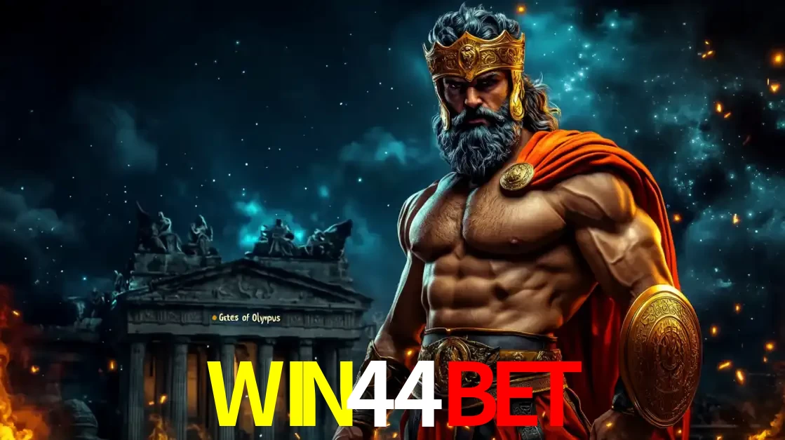 O poderoso Zeus do jogo de slot Gates of Olympus em frente ao seu templo, pronto para lançar multiplicadores divinos e prêmios épicos no cassino online WIN44BET.