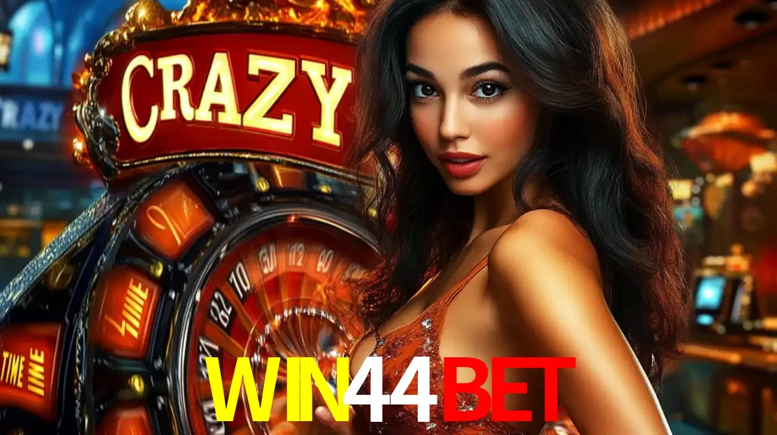 Mulher glamourosa olhando para a câmera com a roda vermelha do Crazy Time ao fundo em um ambiente de cassino, destacando a emoção dos jogos ao vivo no WIN44BET.
