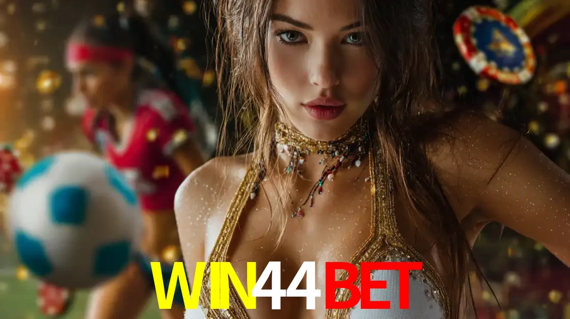 Mulher elegante representando a combinação de glamour e emoção das apostas esportivas, com uma jogadora de futebol ao fundo, destacando a ação no WIN44BET.