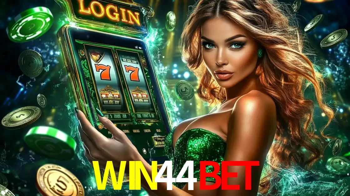 Mulher com tema verde apresentando o aplicativo do cassino WIN44BET com um jogo de slot de 777, cercada por fichas de cassino e uma aura de sorte.