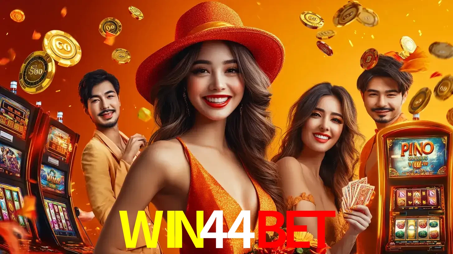 Grupo de amigos asiáticos sorrindo e se divertindo com máquinas de caça-níqueis em um ambiente festivo, celebrando suas vitórias nos jogos de cassino do WIN44BET.