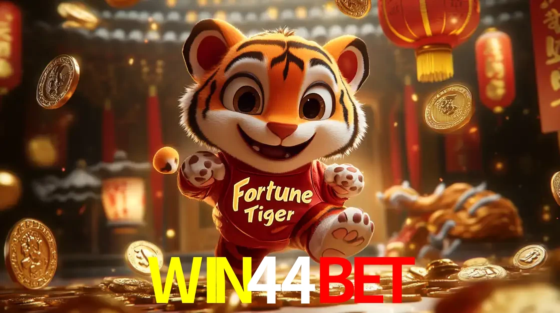 O alegre personagem do Fortune Tiger correndo sobre um caminho de moedas de ouro, simbolizando os grandes prêmios e a diversão do popular jogo de slot do WIN44BET.