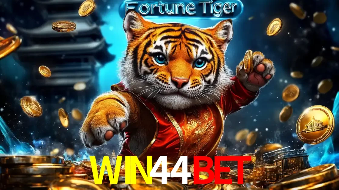 Imagem promocional do jogo de slot Fortune Tiger, com um tigre majestoso em traje tradicional cercado por uma fortuna em moedas de ouro, disponível agora no cassino WIN44BET.