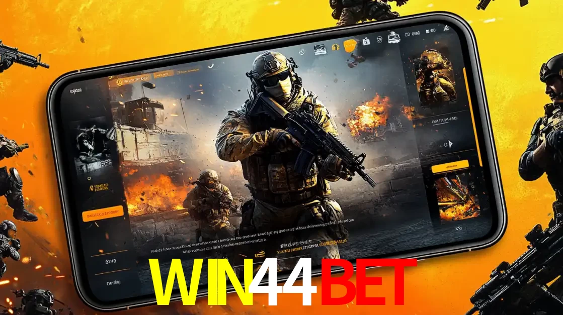 Um smartphone exibindo a interface de um jogo de tiro em primeira pessoa, com um soldado em um cenário de batalha, representando a ação dos e-sports para apostar no WIN44BET.