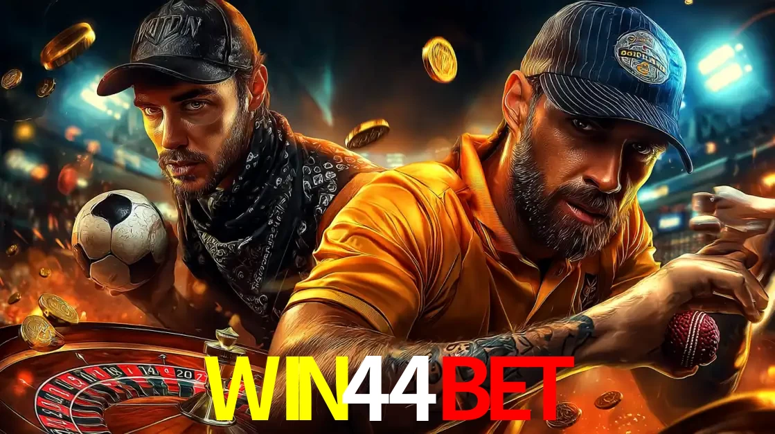 Montagem de apostas esportivas e cassino no WIN44BET, com um homem segurando uma bola de futebol e outro uma de beisebol sobre uma roleta e moedas voadoras.