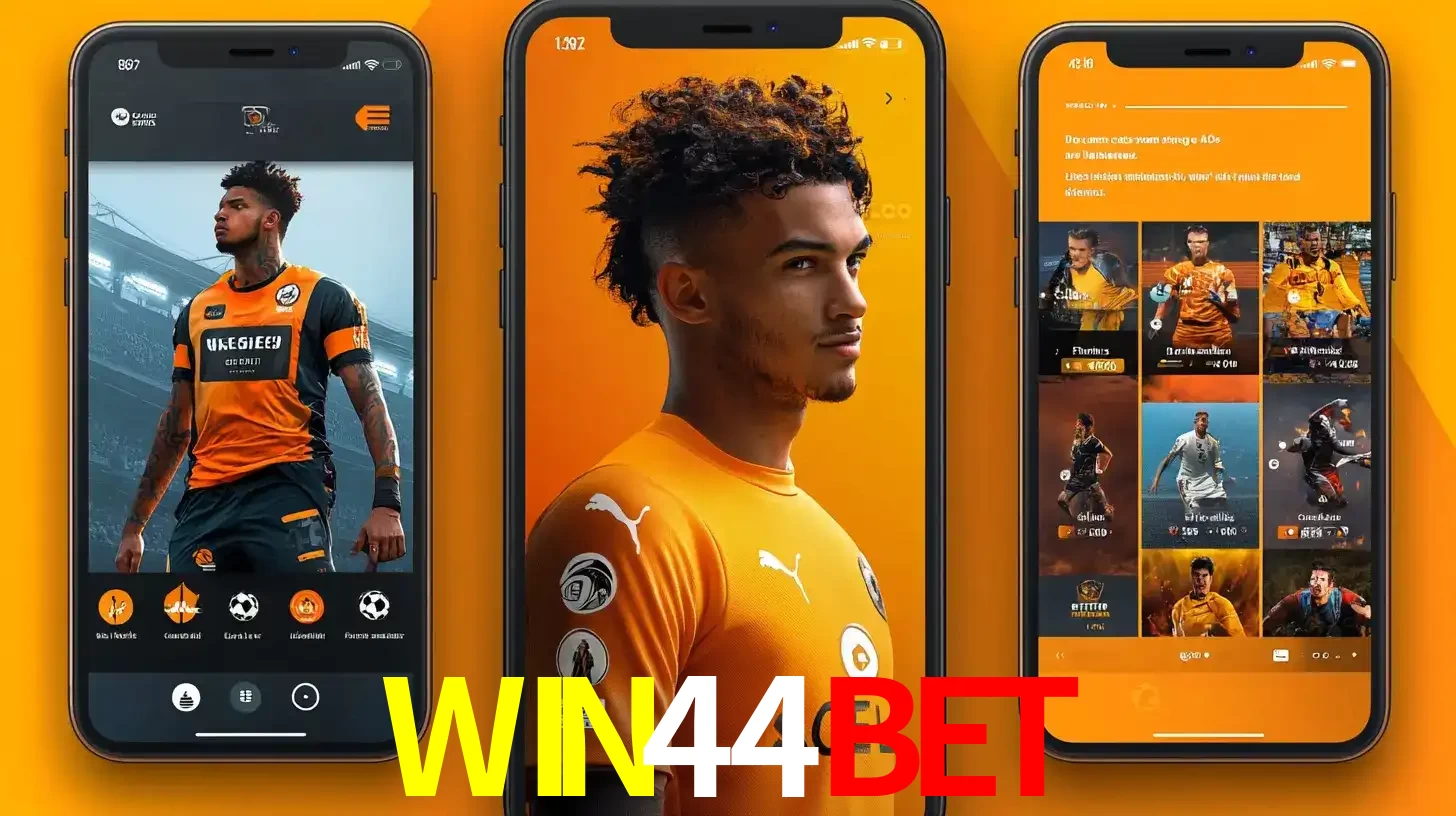 Interface do aplicativo de apostas esportivas WIN44BET em três telas de celular, mostrando o perfil de um jogador de futebol e a lista de jogos disponíveis para apostar.