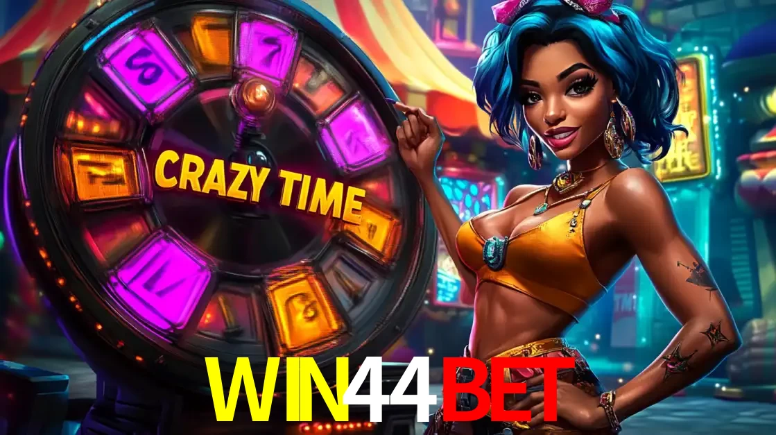 Mulher estilizada com cabelo azul e visual vibrante posando ao lado da roda de prêmios do game show Crazy Time, convidando para a diversão e os bônus do cassino WIN44BET.