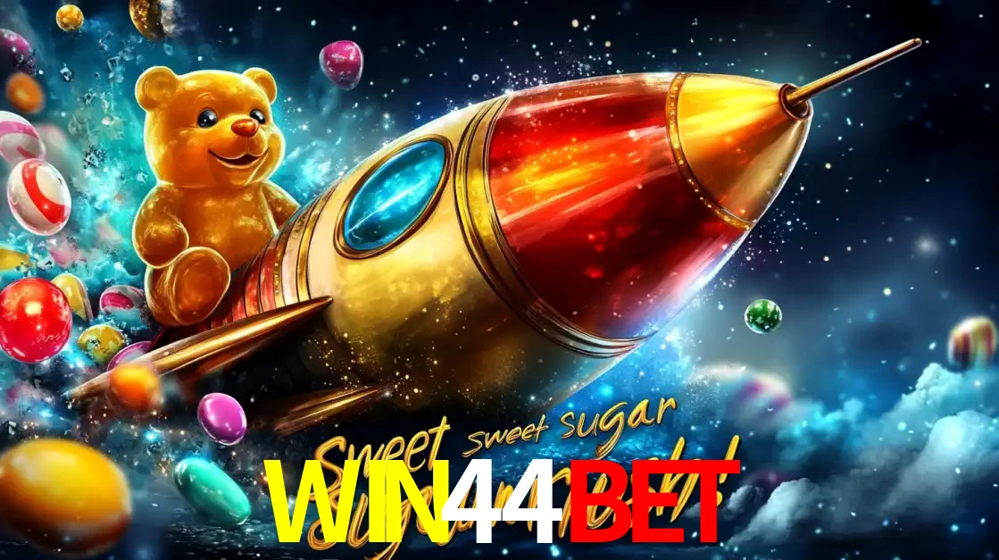 Arte promocional do jogo de slot Sugar Rush, com um urso de pelúcia em um foguete viajando pelo espaço de doces, um dos jogos divertidos disponíveis no cassino WIN44BET.