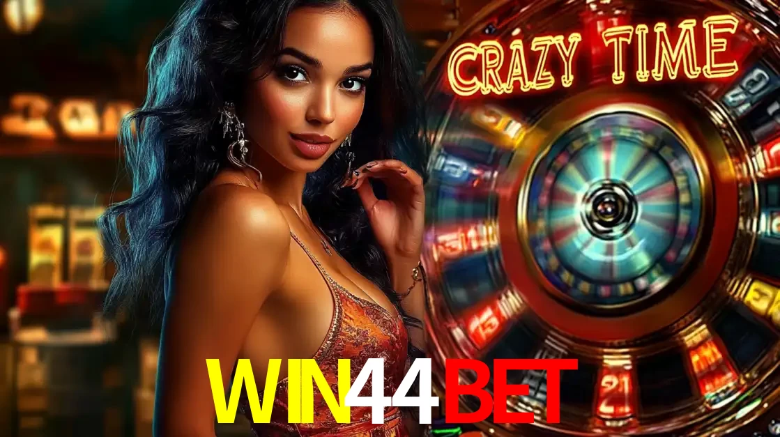 Mulher elegante ao lado da vibrante roda da fortuna do jogo de cassino ao vivo Crazy Time, um dos game shows mais populares e cheios de prêmios do WIN44BET.