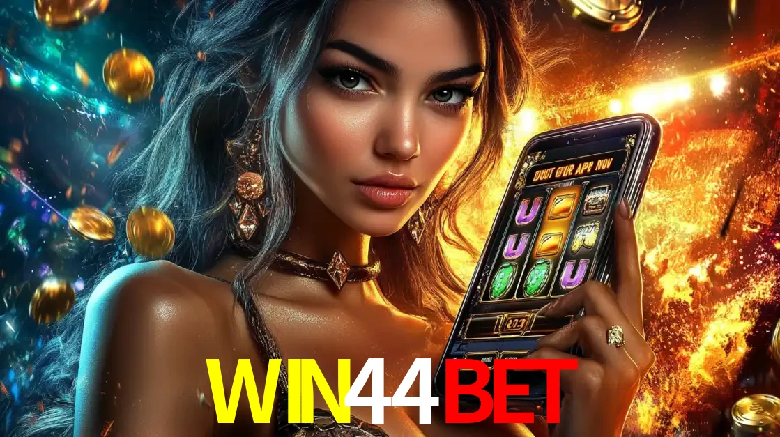 Mulher elegante mostrando um jogo de caça-níqueis em seu smartphone, destacando a experiência de cassino móvel oferecida pelo aplicativo WIN44BET.