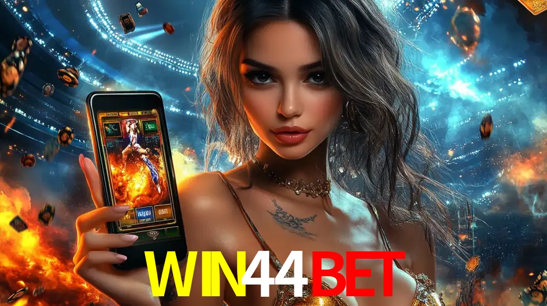Mulher segurando um celular com um jogo de slot em destaque, tendo como fundo um estádio vibrante, simbolizando a emoção de jogar no cassino móvel WIN44BET.