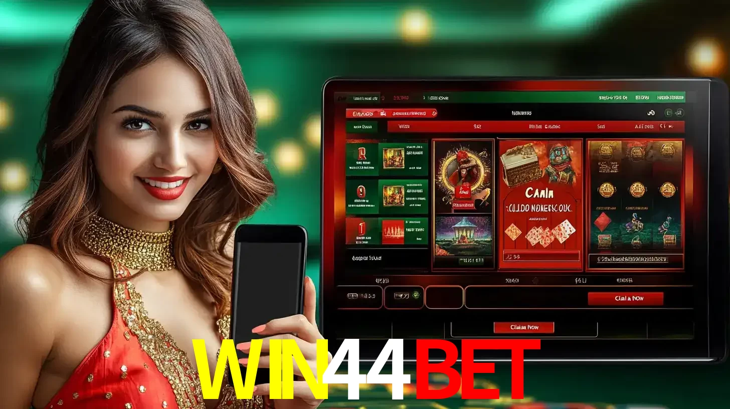 Mulher sorridente segurando um smartphone, ao lado de uma tela exibindo o lobby de jogos do cassino online WIN44BET, com várias opções de jogos de cartas e slots.